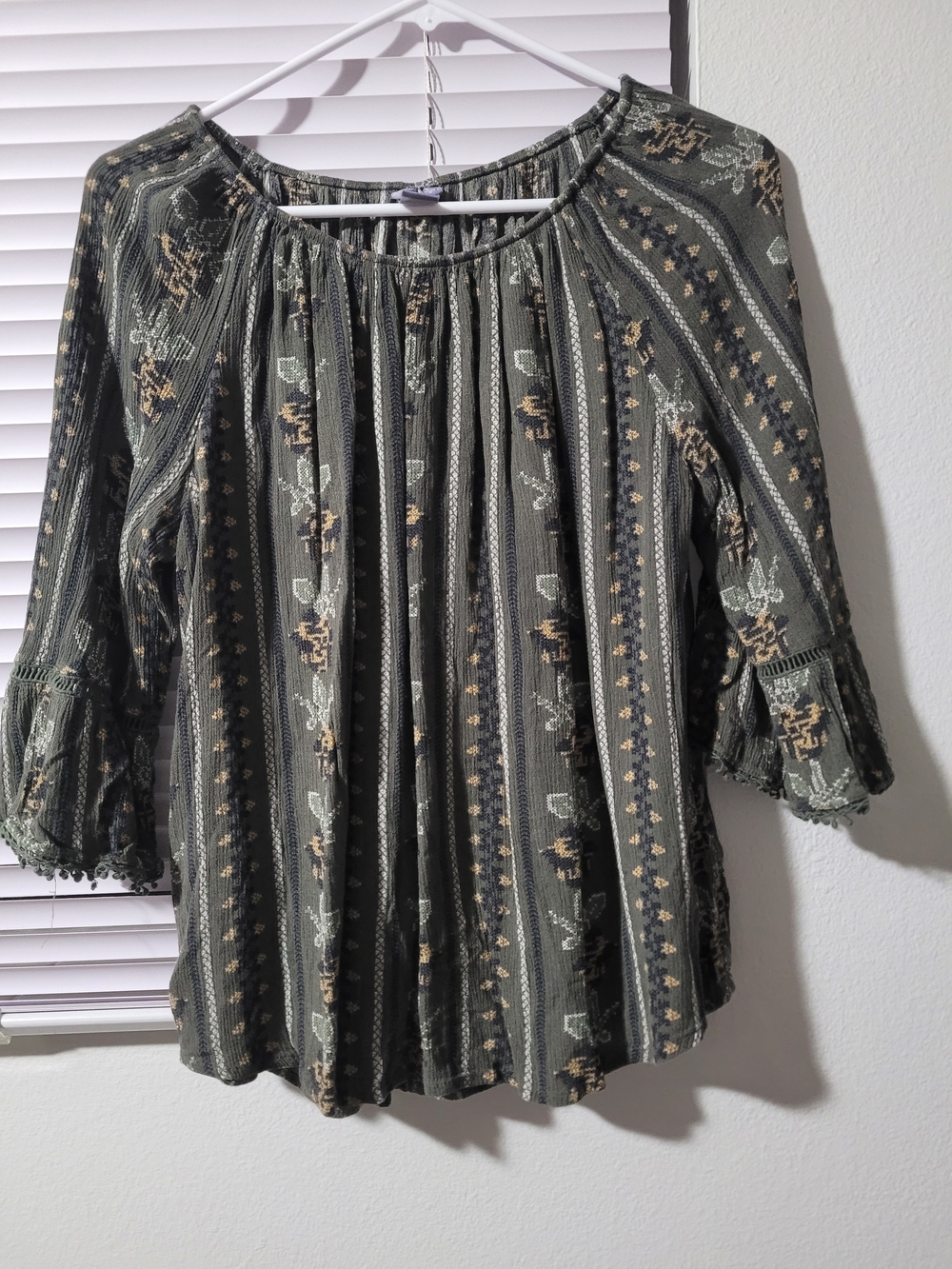 Laura Scott Olive Green Peasant Blouse with Tan & Cream Accents